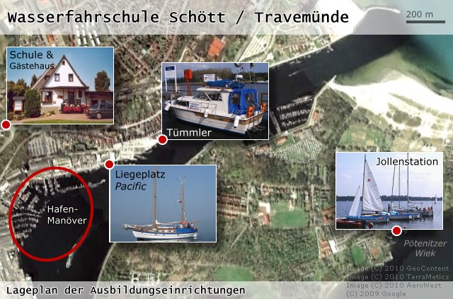Wasserfahrschule Travem&uuml;nde - Lageplan der Ausbildungseinrichtungen: Pension und G&auml;stehaus, Liegeplatz Motorboot T&uuml;mmler, Liegeplatz Colin Archer Pacific, Jollenstation